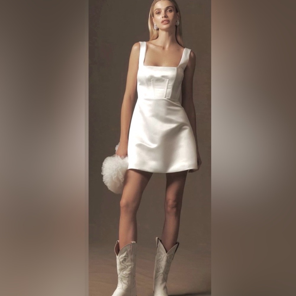 BHLDN Sleeveless Square-Neck Corset Satin Mini Dress Lace Up Back in White Sz. 2